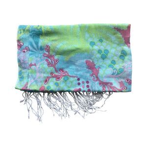 Lilly Pulitzer Checkin' in Gecko Green Pink Fringed Wrap Scarf 28 x 76